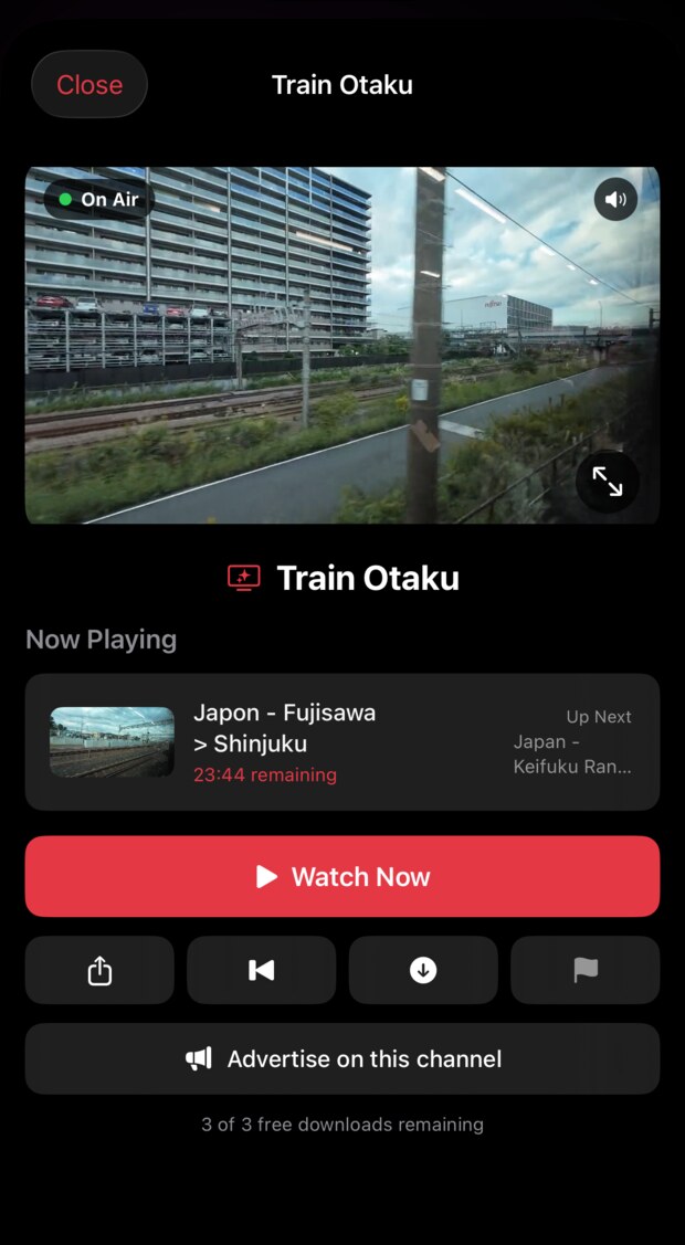 A My TV Channel player showing an on-air 24/7 channel with now playing, up next, and an Advertise on this channel button