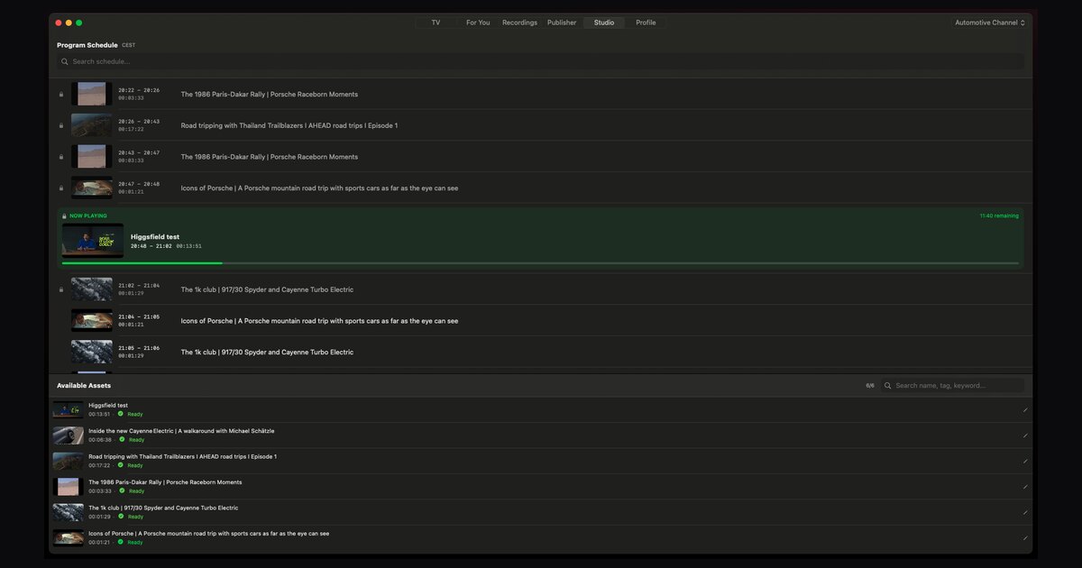 A 24/7 program schedule with a now-playing bar and an up-next queue, the shape of a linear channel a creator owns